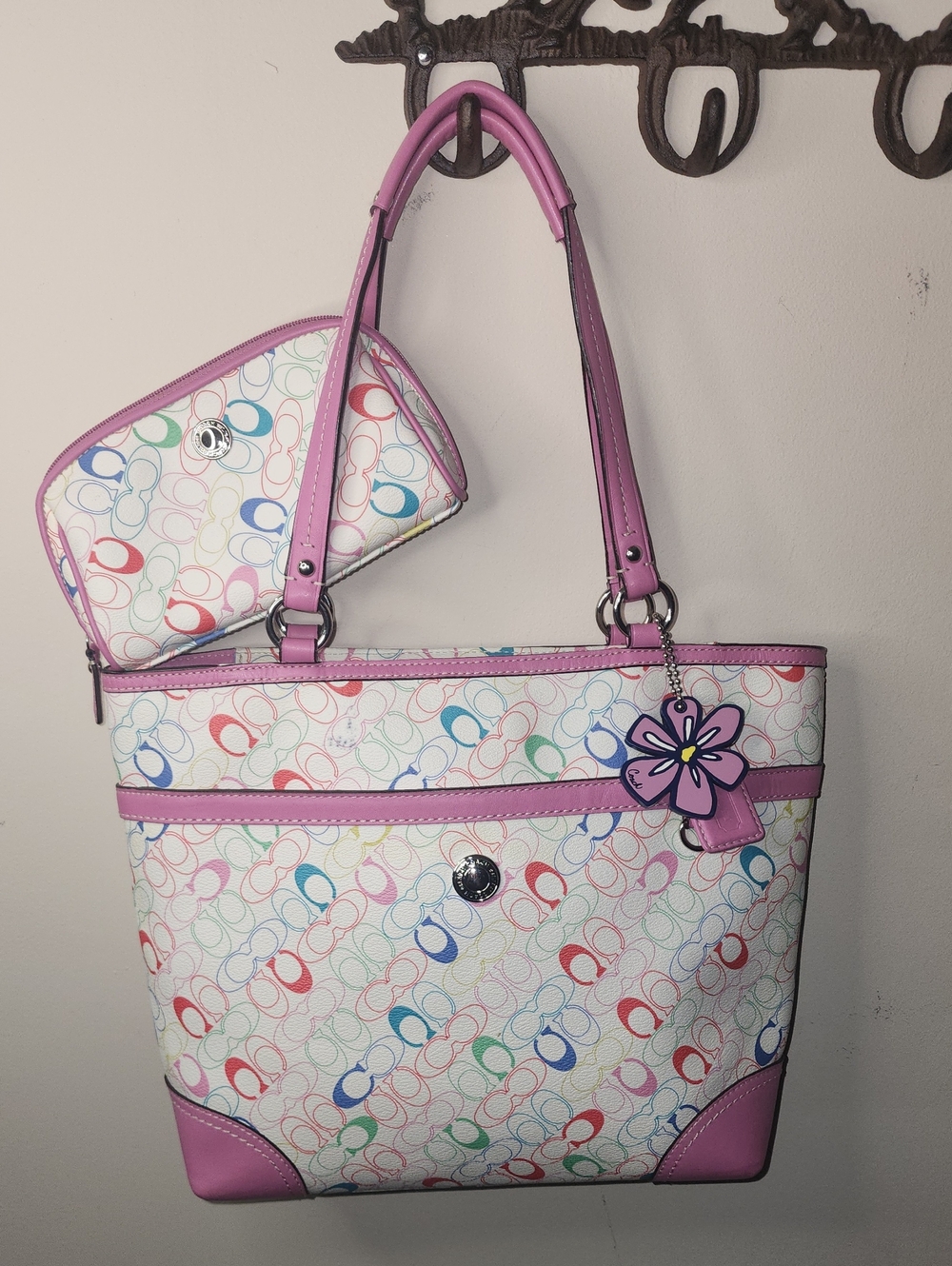 Coach Heritage Chelsea Multicolor Signature Tote Pink Y2K Zip Pouch Set F16874